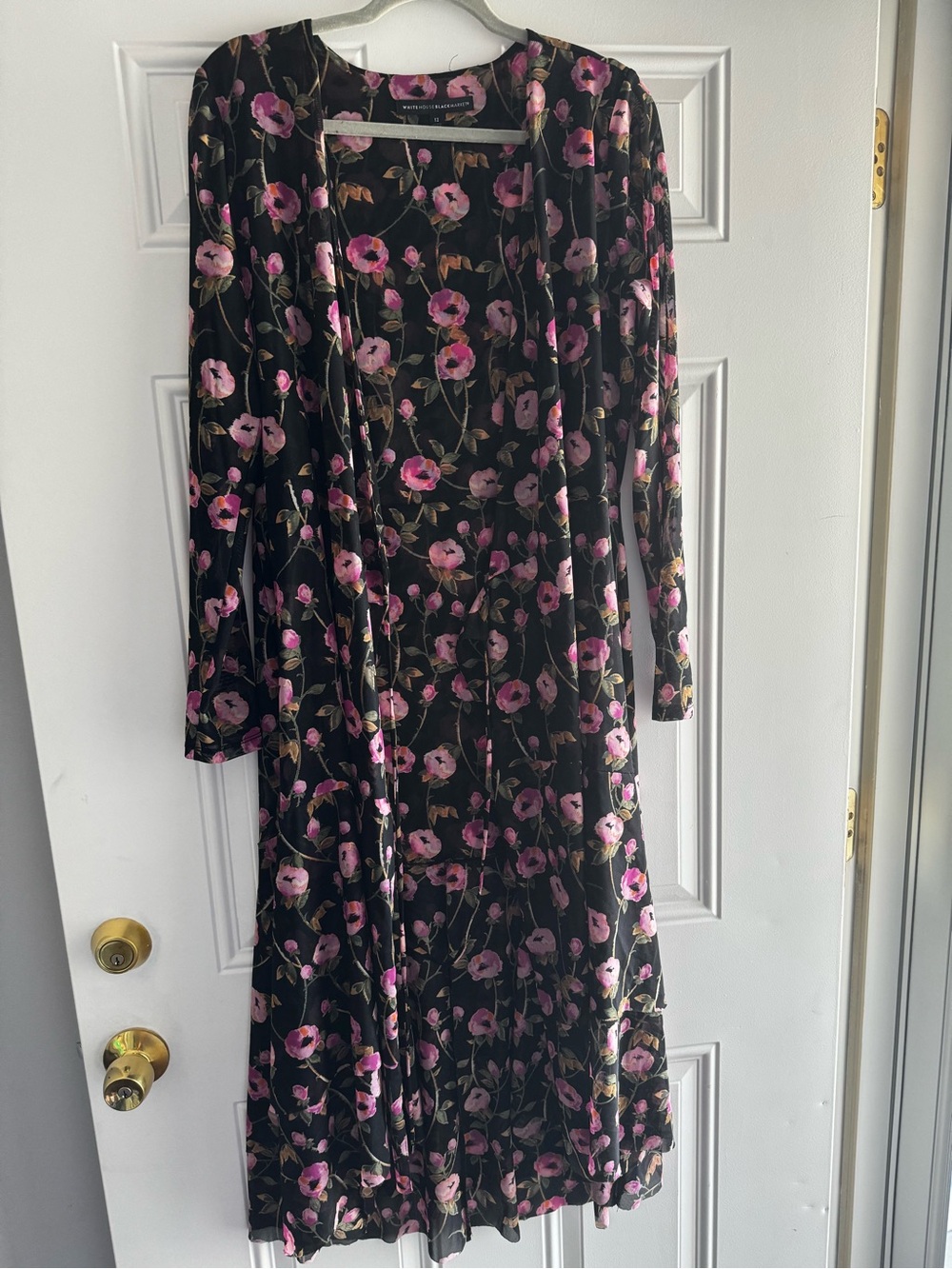 White House Black Market Black Long Sleeve Floral Midi Dress with Pink Blooms - Picture 3 of 6